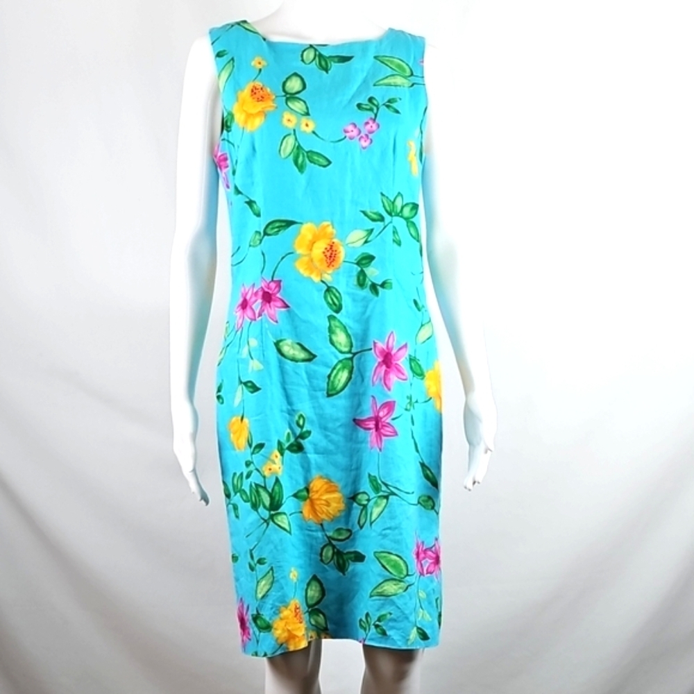 Talbots 100% Linen Bright Aqua Pink Yellow Floral Print Sleeveless Sheath Dress - Picture 3 of 16